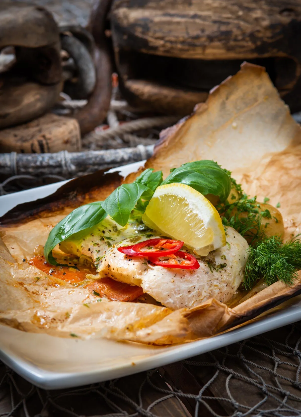 Helstekt fisk med friske urter, sitron og sesongens grønnsaker – sunn og velsmakende rett fra Sjøbua i Sponvika